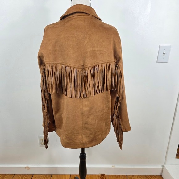 Abercrombie & Fitch Fringe Jacket Women Large Tan Vegan Suede Western Boho NEW - Picture 4 of 12